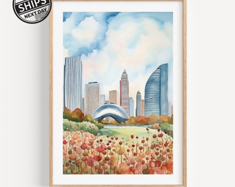 Chicago Skyline Watercolor Art Print - The Bean, Modern Travel Gift