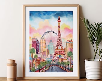 Las Vegas Aquarelle Trendy Art Print Cadeau de voyage moderne pour un cadeau de pendaison de crémaillère à la maison contemporaine pour