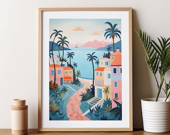 Santa Barbara Watercolor Art Print, California Coastal Cityscape