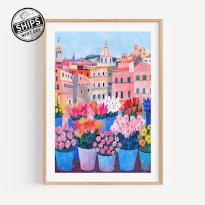 Mercato dei fiori di Roma, stampa artistica di viaggio, illustrazione floreale, arte murale botanica, arte murale alla moda, regalo Italia