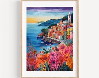 Cinque Terre Kunstdruck, Küsten Italien Aquarell Reiseplakat
