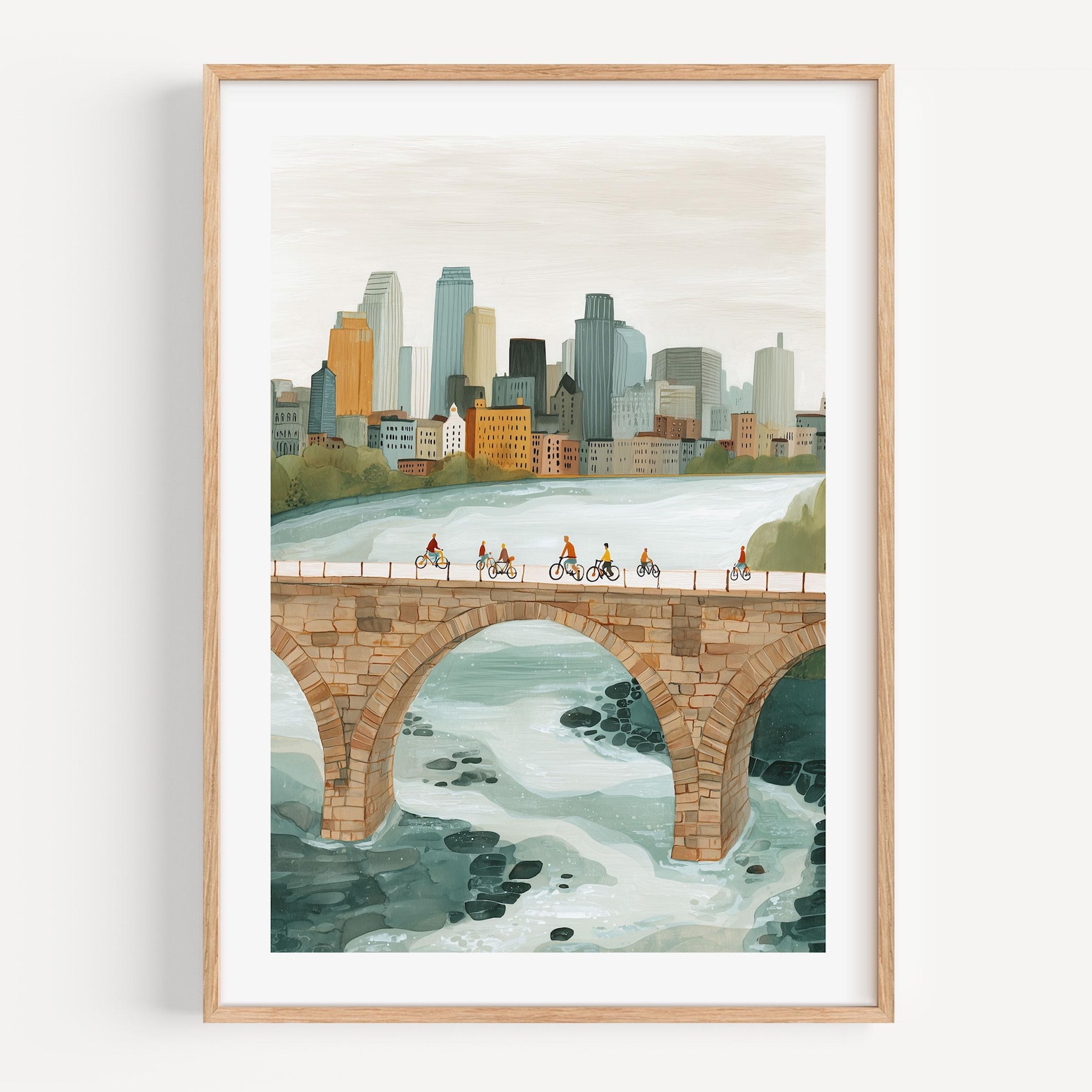 Stone Arch Bridge Watercolor Print: Minneapolis Wall Art for Cyclists & Cozy Home Decor - 11x14 Oak Frame