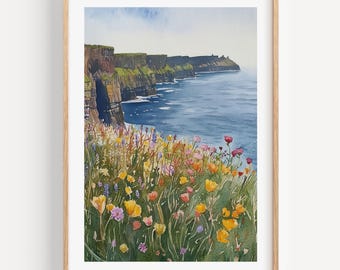 Cliffs of Moher Aquarell Druck, Distel Wildblumen, Irland