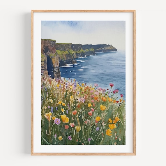 Cliffs of Moher Watercolor Print, Ireland Coastal Art, Thistle Wildflowers