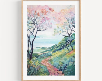 May include: A painting of a winding path leading through a lush green landscape towards a blue ocean. The path is lined with trees with pink and purple flowers.