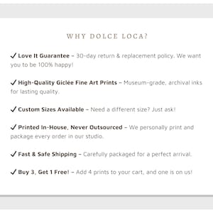 Puede incluir: Un fondo blanco con el texto "WHY DOLCE LOCA?" y vi&ntilde;etas que detallan las garant&iacute;as de la empresa, incluida una pol&iacute;tica de devoluci&oacute;n, impresiones de alta calidad, tama&ntilde;os personalizados, impresi&oacute;n interna y una oferta de "&iexcl;Compra 3, obt&eacute;n 1 gratis!".
