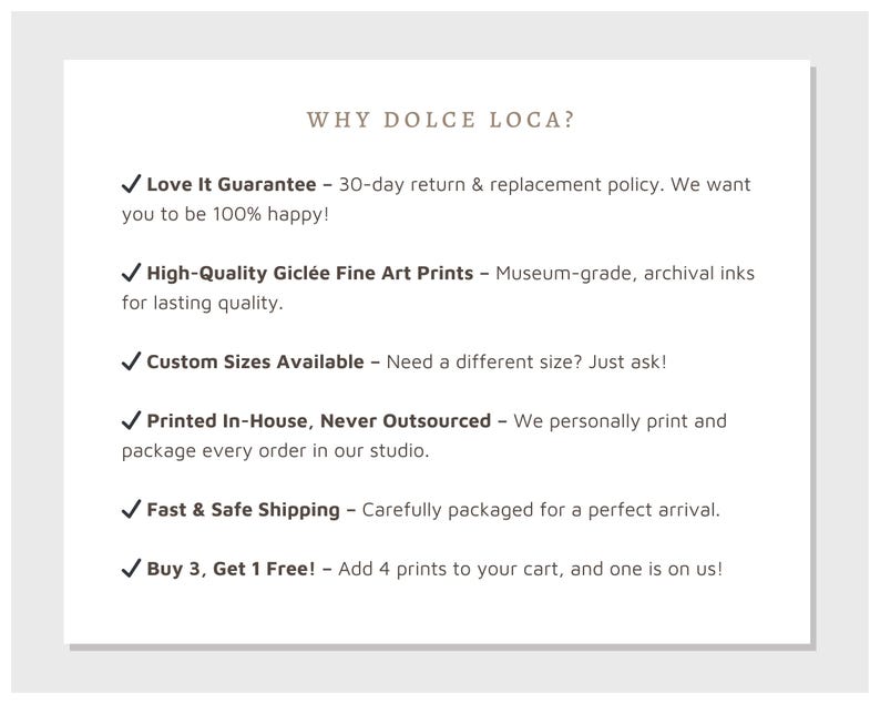 Puede incluir: Un fondo blanco con el texto "WHY DOLCE LOCA?" y vi&ntilde;etas que detallan las garant&iacute;as de la empresa, incluida una pol&iacute;tica de devoluci&oacute;n, impresiones de alta calidad, tama&ntilde;os personalizados, impresi&oacute;n interna y una oferta de "&iexcl;Compra 3, obt&eacute;n 1 gratis!".