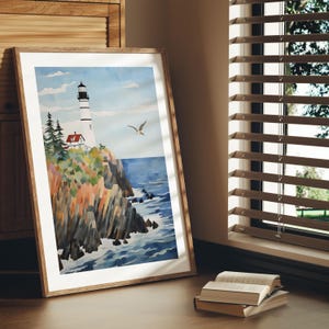 Stampa artistica incorniciata di Portland Head Light – Decorazione murale costiera del faro del Maine, dipinto nautico sulla scogliera, casa sulla spiaggia o regalo