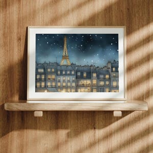 Paris la nuit, impression d&#39;art aquarelle, illustration de la scène parisienne de la tour Eiffel, art mural paysage urbain France, déco murale printemps