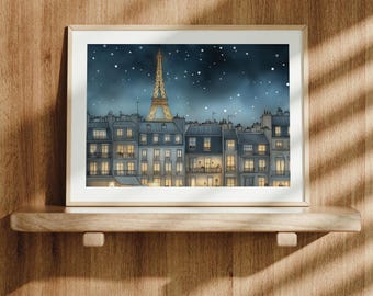 Eiffel Tower Watercolor Art Print, Paris Night Scene