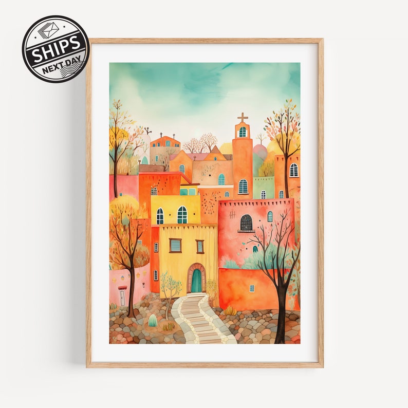 May include: A watercolor painting of a colorful village with a church steeple, surrounded by trees and a stone path leading up to the church.