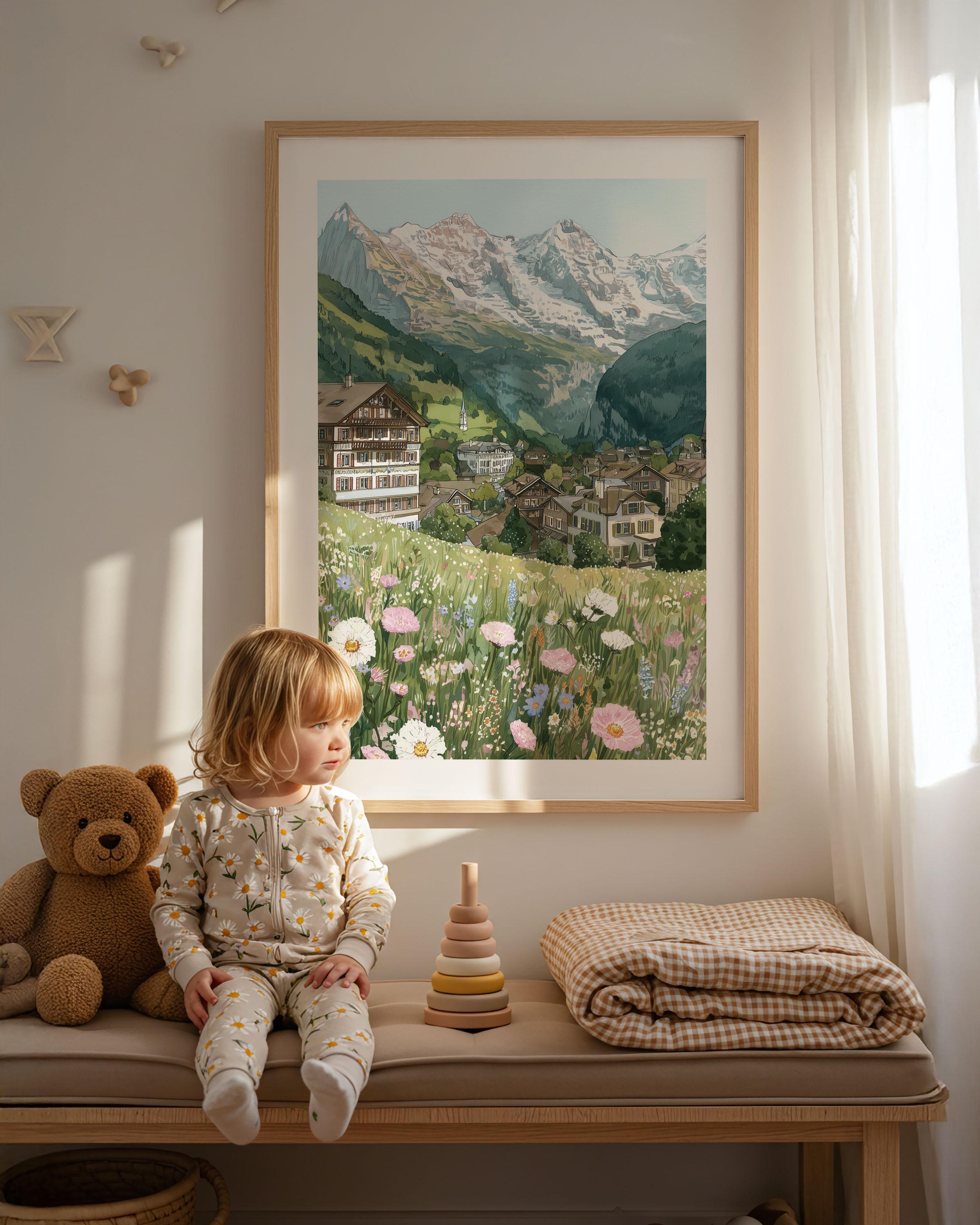 Wengen Switzerland Wall Art Print Summer Alps Poster Wildflower Mountain Landscape Travel Gift for Nature Lovers