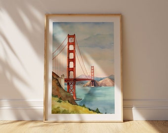Golden Gate Bridge Watercolor San Francisco Art Print Modern Travel Gift for Contemporary Home Housewarming Gift for California Travel