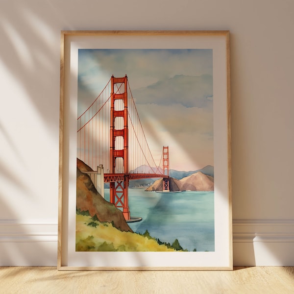 Golden Gate Bridge Watercolor San Francisco Art Print Modern Travel Gift for Contemporary Home Housewarming Gift for California Travel