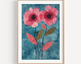 Watercolor Poppy Flower Market Art Print, Botanical Colorful Poster