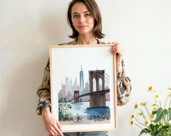 Brooklyn Bridge Watercolor Art Print: New York Cityscape Home Decor