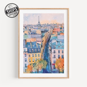 May include: A watercolor painting of a Parisian street scene with the Eiffel Tower in the distance. The painting features a narrow street lined with colorful buildings and trees. The sky is a soft blue with hints of pink and orange.