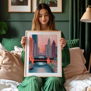 Stampa incorniciata con skyline della città, Chicago Riverwalk, decorazione murale rosa, regalo urbano per lei