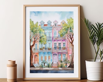 Rainbow Row Art Print: Charleston Watercolor Illustration