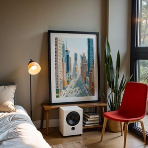 K&ouml;nnte beinhalten: Ein gerahmter Kunstdruck mit einer Stra&szlig;enszene von New York City. Das Kunstwerk befindet sich &uuml;ber einem wei&szlig;en Lautsprecher und einer kleinen Holzbank. Ein roter Stuhl und eine Stehlampe sind ebenfalls zu sehen.