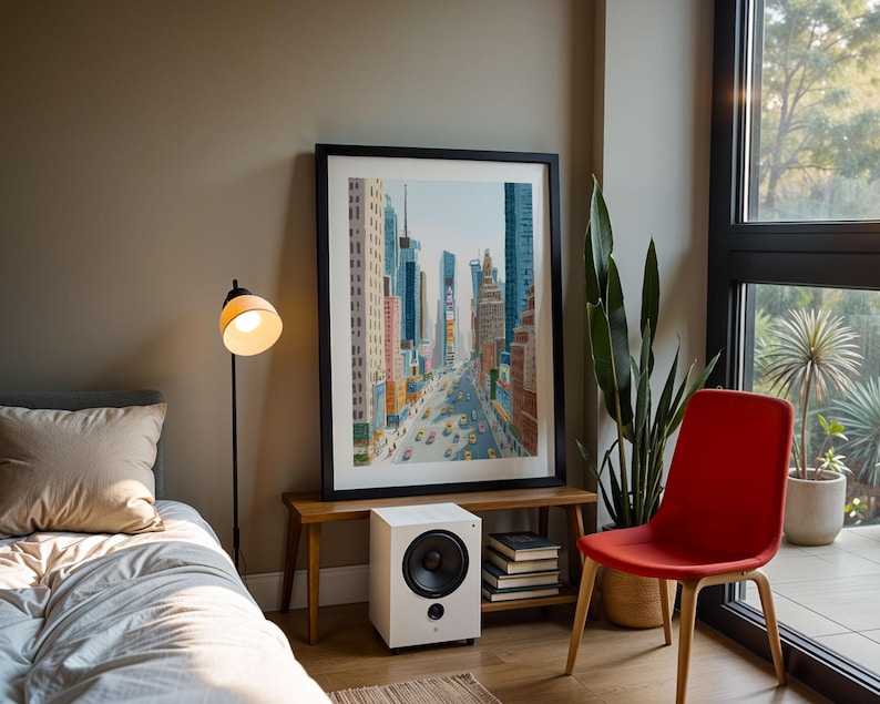 K&ouml;nnte beinhalten: Ein gerahmter Kunstdruck mit einer Stra&szlig;enszene von New York City. Das Kunstwerk befindet sich &uuml;ber einem wei&szlig;en Lautsprecher und einer kleinen Holzbank. Ein roter Stuhl und eine Stehlampe sind ebenfalls zu sehen.