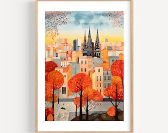 Barcelona Watercolor Art Print, Modern City Illustration