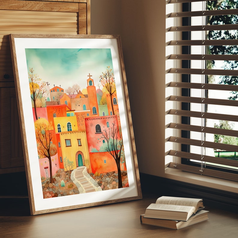 May include: A watercolor painting of a colorful village with a church steeple, surrounded by trees and stone walls. The buildings are painted in shades of orange, yellow, and red, with green accents. The painting has a whimsical and charming style.