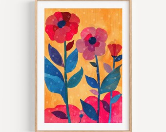 Poppy Flower Market Art Print, Colorful Botanical Poster