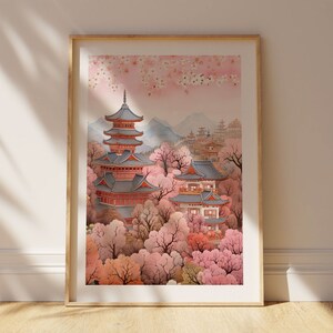 May include: A watercolor painting of a Japanese temple surrounded by cherry blossom trees. The temple is a multi-tiered pagoda with red and gray roofs. The cherry blossoms are in full bloom, with pink petals covering the trees and the ground.