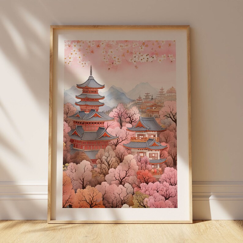 May include: A watercolor painting of a Japanese temple surrounded by cherry blossom trees. The temple is a multi-tiered pagoda with red and gray roofs. The cherry blossoms are in full bloom, with pink petals covering the trees and the ground.