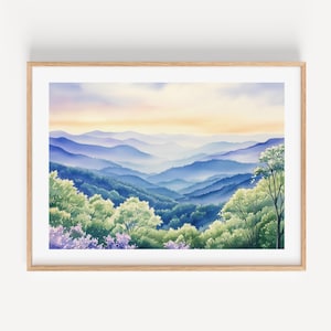 Blue Ridge Mountains Watercolor Art Print, Blue Ridge Parkway Painting North Carolina Landscape Wall Art Mountain Forest Artwork A43