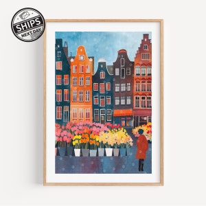 Blumenmarkt Amsterdam Druck Reise Kunst Blumen Illustration, Botanische Wandkunst, trendige Wandkunst