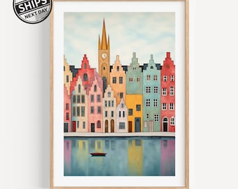 Brudges Belgium Watercolor Trendy Art Print Modern Travel Gift for Contemporary Home Housewarming Gift for