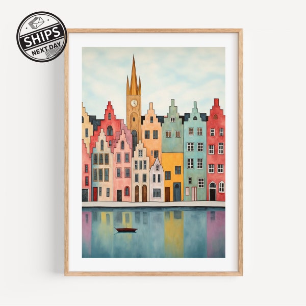 Brudges Belgium Watercolor Trendy Art Print Modern Travel Gift for Contemporary Home Housewarming Gift for