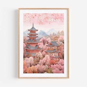 May include: A watercolor painting of a Japanese temple complex surrounded by cherry blossom trees. The temple is red and has a tiered roof. The cherry blossoms are in full bloom and are a soft pink color. The background is a soft blue with mountains in the distance.