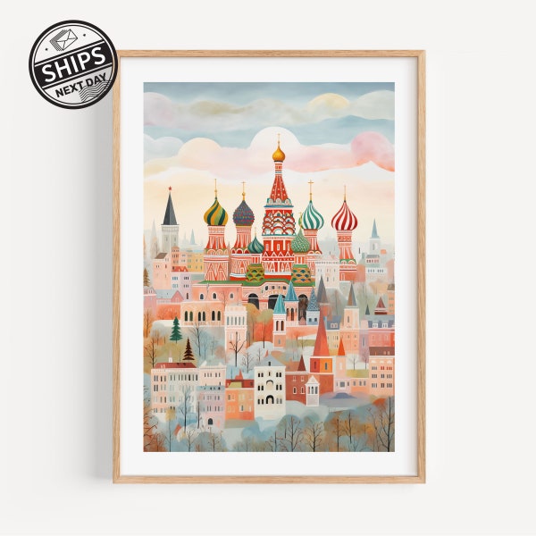 Moscow Saint Basil's Cathedral Watercolor Art Print Travel Poster Housewarming Gift Home Decor