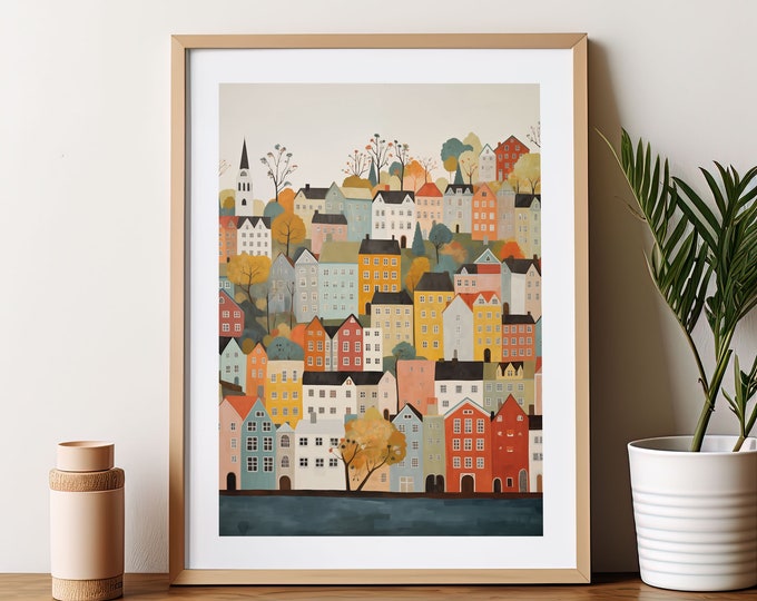 Bergen Norway Art Print: Scandinavian Watercolor Cityscape