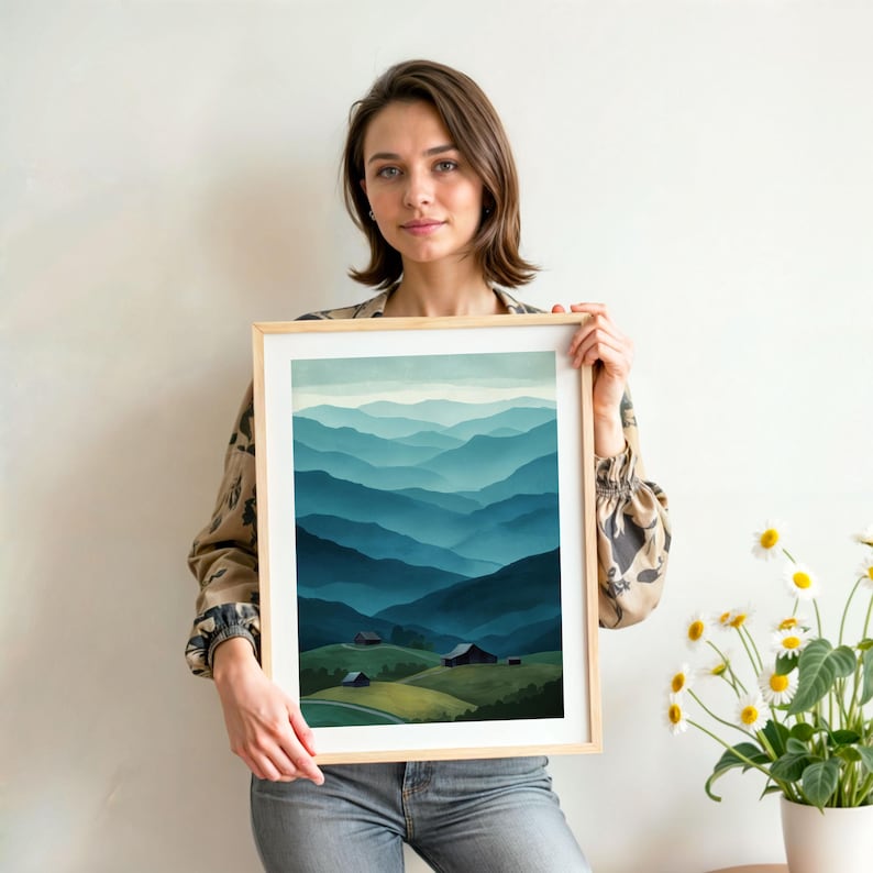 May include: A framed landscape art print featuring a watercolor painting of layered blue mountains. The artwork includes green hills with small buildings. The frame is made of light-colored wood.