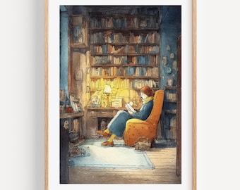 Cozy Library Art Print for Book Lovers Reading Nook or Study Room Wall Decor