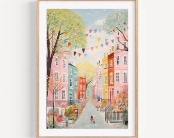 Stampa artistica di Notting Hill: illustrazione ad acquerello di una strada londinese.