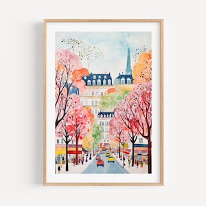 May include: A watercolor painting of a Parisian street scene with pink and white cherry blossoms lining the street. The buildings are a pale yellow with blue accents. There are cars and people walking on the street.