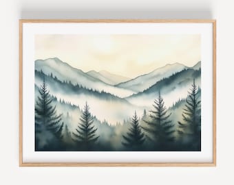Appalachian Mountains Watercolor Print, Misty Evergreen Forest Wall Art