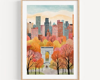 Könnte beinhalten: Eine Aquarell-Illustration einer Stadtlandschaft mit einem großen Torbogen im Vordergrund. Die Stadt befindet sich im Hintergrund und der Torbogen ist von Bäumen mit Herbstlaub in Rot-, Orange- und Gelbtönen umgeben.