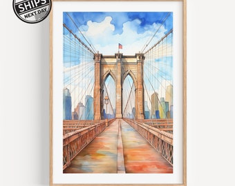 New York Watercolor Art Brooklyn Bridge Trendy Art Print Modern Travel Gift for Contemporary Home Housewarming Gift
