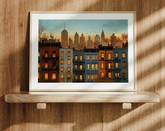 Akvarellkonsttryck i East Village, stadsbild i New York