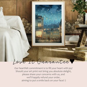May include: A digital painting of a Parisian street scene at night. The buildings are lit up with warm yellow lights, and there are string lights strung across the street. The sky is dark blue with white stars. The painting is framed in a simple wooden frame.