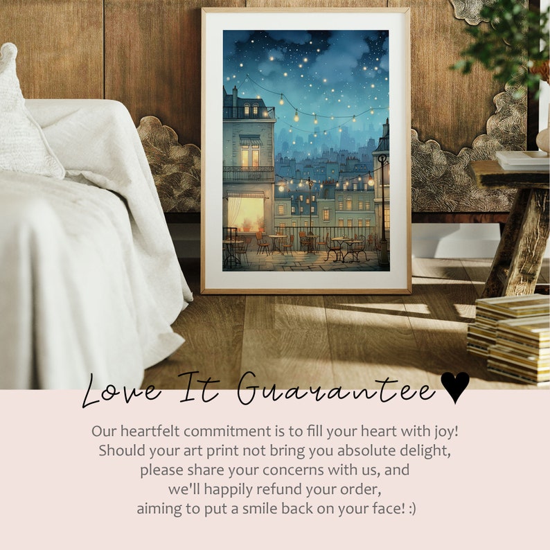 May include: A digital painting of a Parisian street scene at night. The buildings are lit up with warm yellow lights, and there are string lights strung across the street. The sky is dark blue with white stars. The painting is framed in a simple wooden frame.