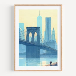 Puede incluir: Una impresi&oacute;n art&iacute;stica enmarcada que representa el puente de Brooklyn en una ilustraci&oacute;n estilizada. El puente est&aacute; representado en tonos azules, con el horizonte de la ciudad de Nueva York al fondo. Una pareja camina por la orilla. La obra de arte tiene una paleta de colores c&aacute;lidos.