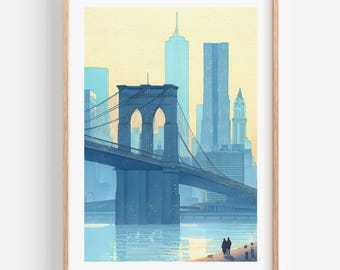 Brooklyn Bridge Watercolor Print: NYC Skyline Wall Art for Living Room or Anniversary Decor