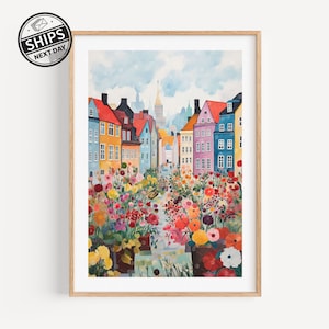 Kopenhagen Blumenmarkt Reisekunst Blumenillustrationen, großes modernes Poster, botanische Wandkunst, trendige Wandkunst